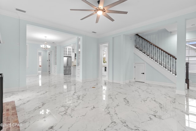 unfurnished living room with ceiling fan with notable chandelier and crown molding