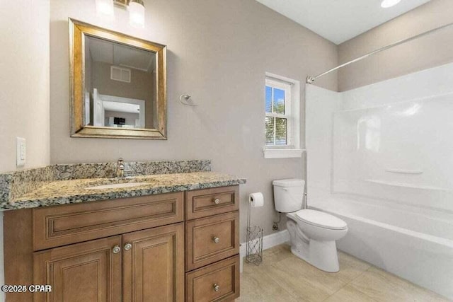 full bathroom with toilet, bathing tub / shower combination, and vanity