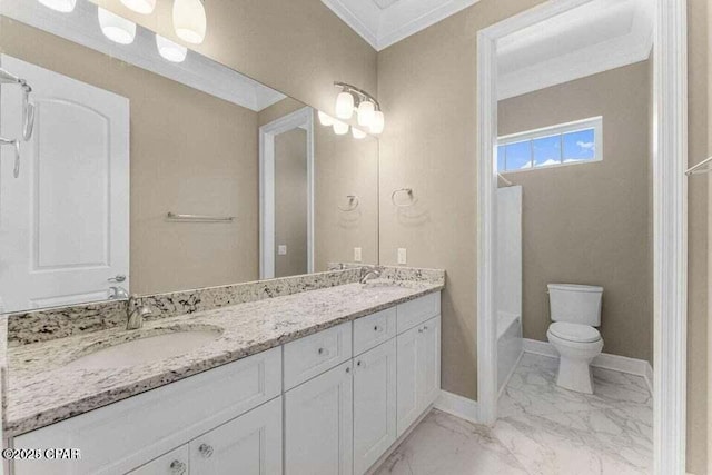 full bathroom with toilet, vanity, ornamental molding, and washtub / shower combination