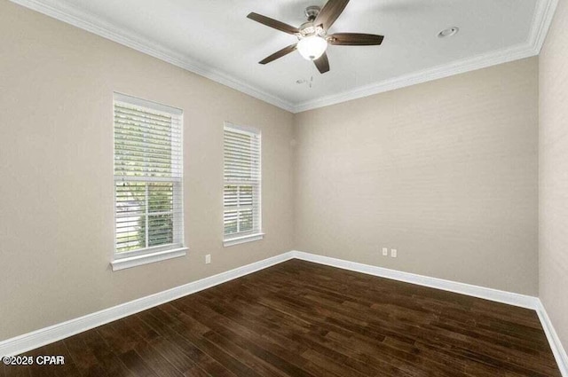 empty room with dark wood-type flooring, ceiling fan, and crown molding