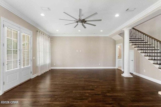 unfurnished living room with ceiling fan, crown molding, decorative columns, and dark wood-type flooring