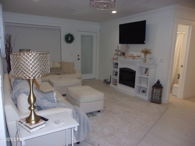 living room with crown molding