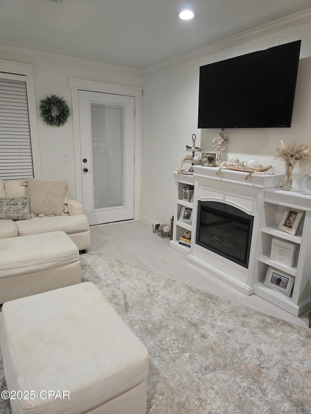 living room with light carpet and crown molding