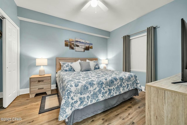 bedroom with ceiling fan, a closet, and wood-type flooring