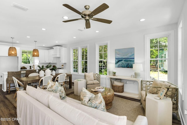 living room featuring ceiling fan, dark hardwood / wood-style floors, and sink