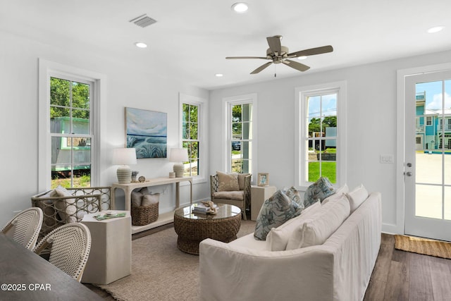 living room with ceiling fan and wood-type flooring