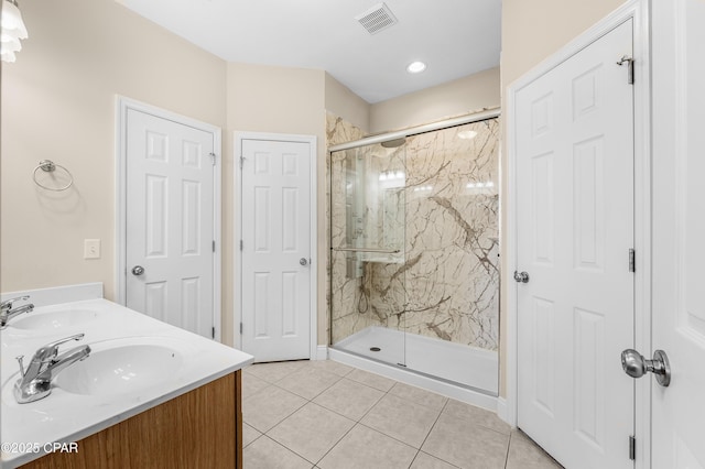 full bath featuring a marble finish shower, tile patterned flooring, a sink, and visible vents