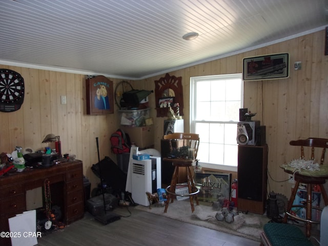 miscellaneous room featuring wood walls and wood-type flooring