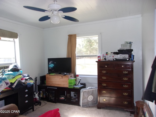 carpeted bedroom with ceiling fan and crown molding