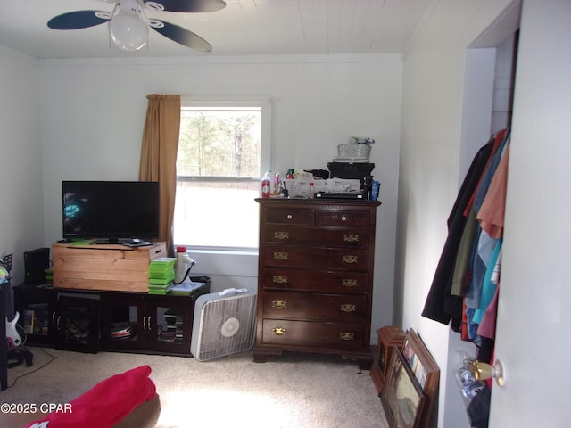 bedroom featuring light carpet, ceiling fan, and crown molding