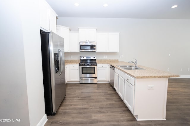 kitchen with sink, kitchen peninsula, white cabinets, and stainless steel appliances