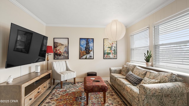 tiled living room with crown molding