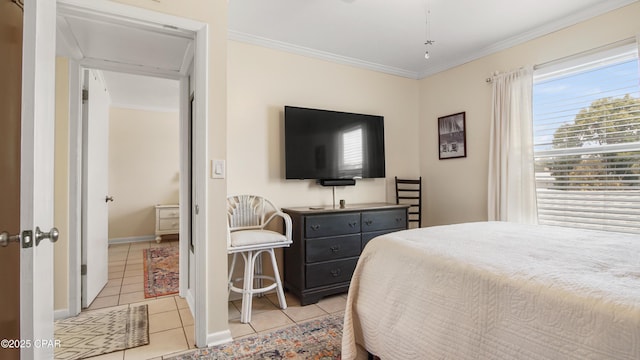 tiled bedroom with crown molding