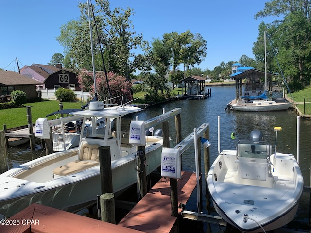 view of dock featuring a water view and a lawn