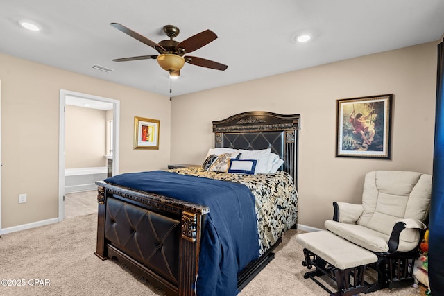 bedroom with ceiling fan and carpet floors