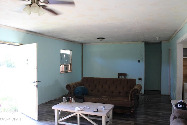 living room with ceiling fan, cooling unit, and hardwood / wood-style floors