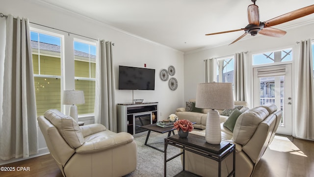 living area with ceiling fan, ornamental molding, wood finished floors, and a wealth of natural light