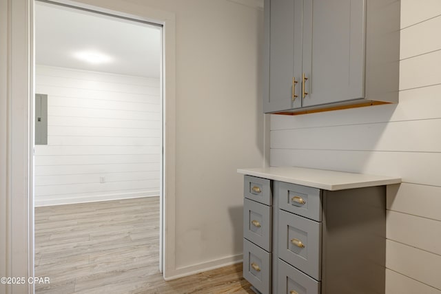 details featuring wood-type flooring and wooden walls