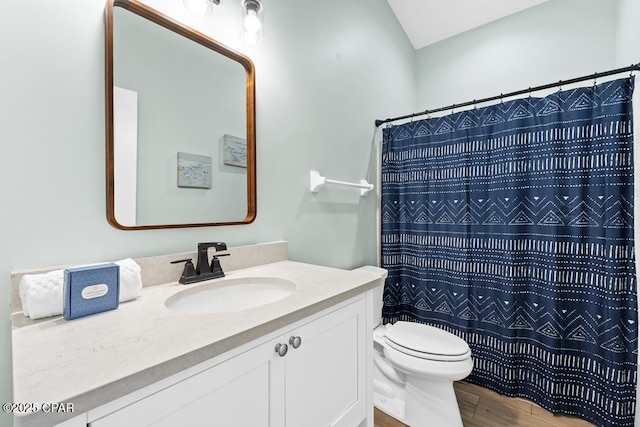 bathroom featuring wood-type flooring, toilet, vanity, and walk in shower