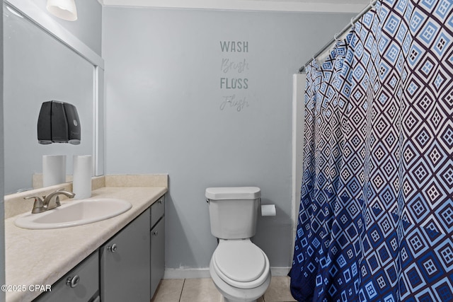 bathroom with vanity, tile patterned floors, toilet, and a shower with shower curtain