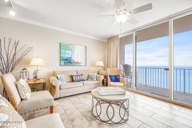 living room with ornamental molding, a water view, a wealth of natural light, and track lighting