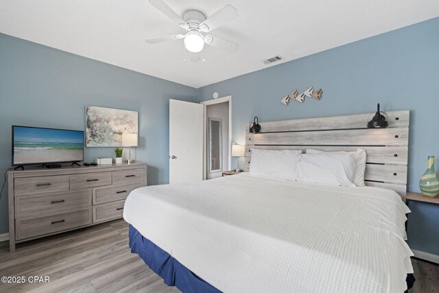 17670 Front Beach Rd Unit I7, Panama City Beach, FL 32413 - bedroom featuring a ceiling fan, wood finished floors, and visible vents