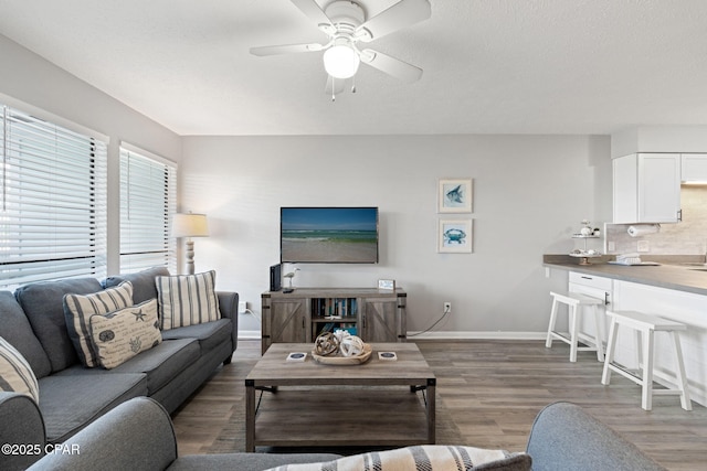 living room featuring hardwood / wood-style floors and ceiling fan