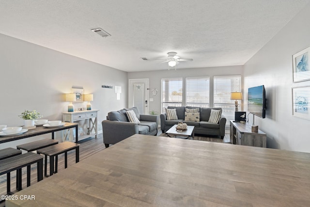 living room featuring ceiling fan, wood-type flooring, and a textured ceiling