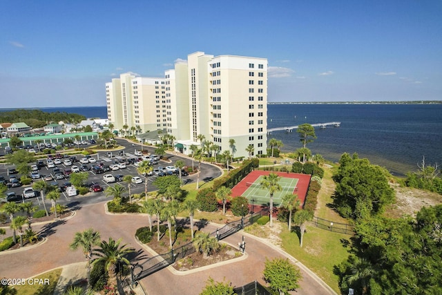 bird's eye view with a water view