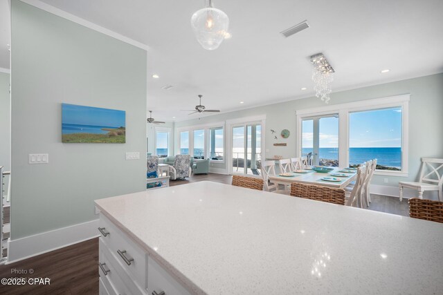 kitchen with dark hardwood / wood-style flooring, a water view, white cabinets, and decorative light fixtures