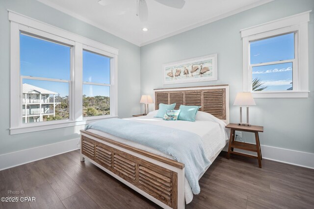 bedroom featuring ceiling fan, recessed lighting, wood finished floors, and baseboards