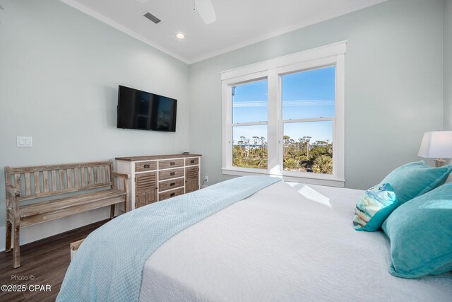 121 Gulf Hibiscus Dr, Port St Joe, FL 32456 - bedroom with visible vents, a ceiling fan, wood finished floors, recessed lighting, and crown molding