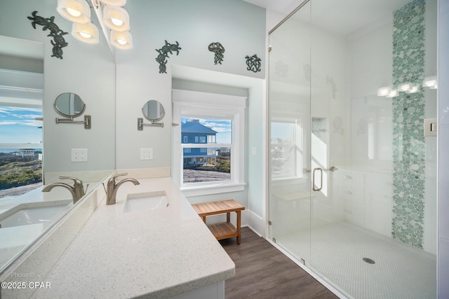 bathroom with wood-type flooring, an enclosed shower, and vanity