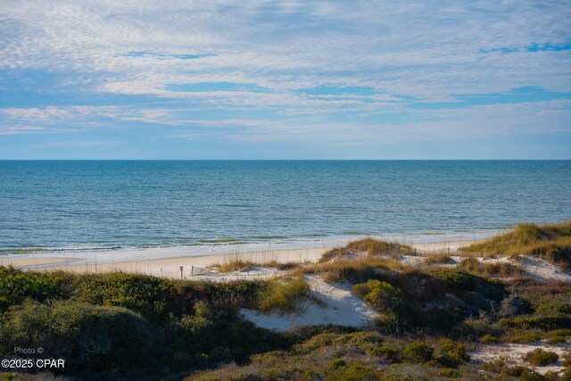 view of water feature with a beach view