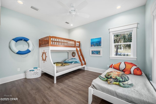 bedroom featuring recessed lighting, wood finished floors, visible vents, and baseboards