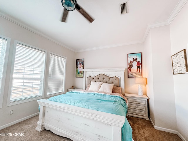 bedroom featuring crown molding, ceiling fan, and carpet