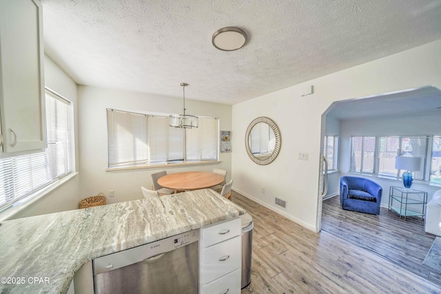 kitchen with white cabinetry, pendant lighting, stainless steel dishwasher, and a wealth of natural light