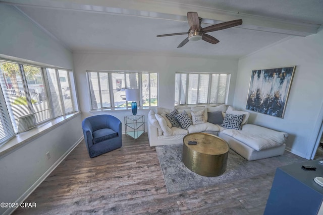 living room featuring ceiling fan, crown molding, hardwood / wood-style flooring, and lofted ceiling with beams