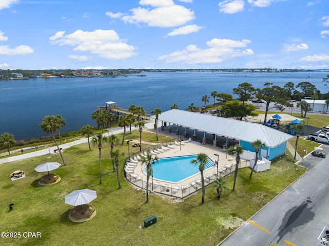 birds eye view of property featuring a water view