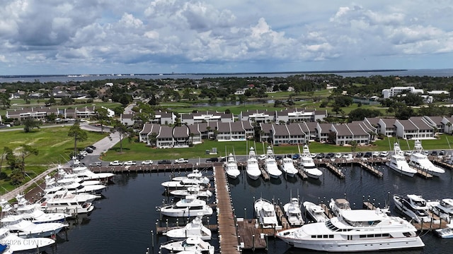 aerial view with a residential view and a water view