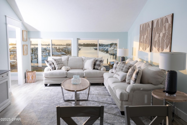 living area featuring lofted ceiling and wood finished floors