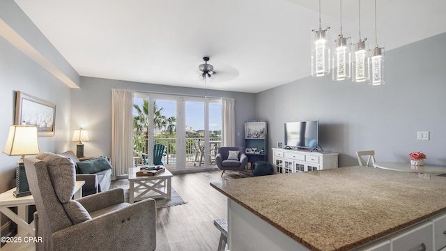 living room with ceiling fan and light hardwood / wood-style floors