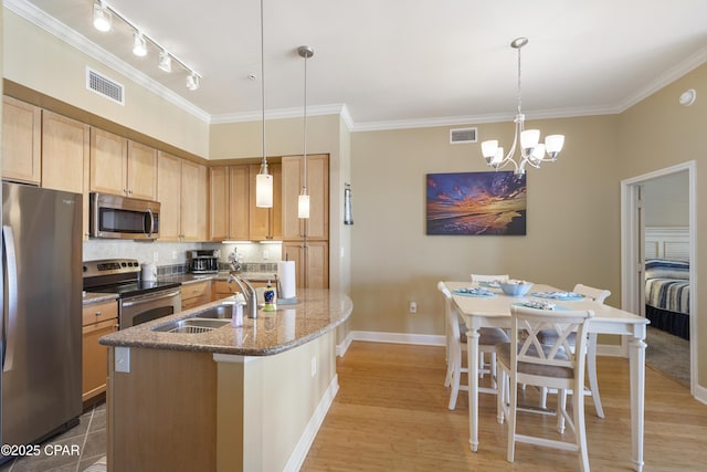 kitchen featuring pendant lighting, stainless steel appliances, sink, a notable chandelier, and light stone counters