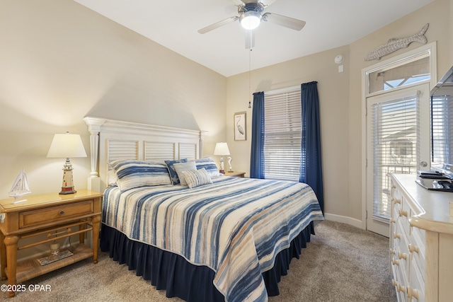 bedroom featuring ceiling fan, light colored carpet, and access to exterior