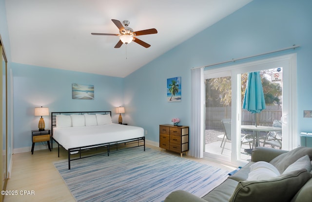 bedroom featuring ceiling fan, light wood-type flooring, access to outside, and vaulted ceiling