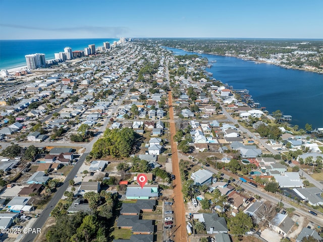 drone / aerial view with a water view