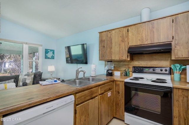 kitchen with extractor fan, range with electric cooktop, tasteful backsplash, white dishwasher, and sink