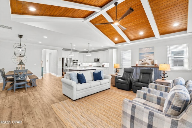 living room with wood ceiling, light wood-style flooring, visible vents, and recessed lighting