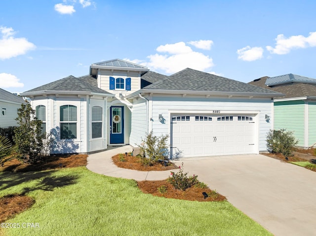 view of front facade with a garage and a front lawn