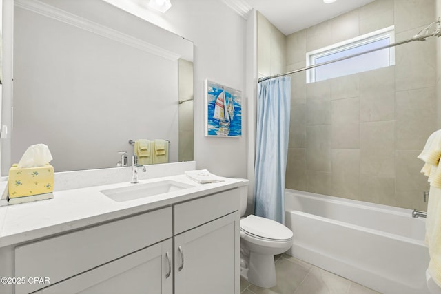 full bathroom featuring crown molding, vanity, shower / tub combo, toilet, and tile patterned flooring